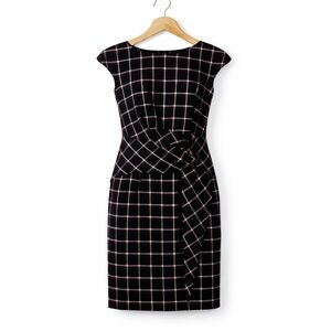 David Meister Black Plaid Sheath Dress Size 8 Cap Sleeve Knot Waist Career